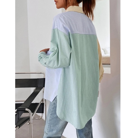 Multicolor Striped Casual Oversized Button Down Shirt Blue, Green, Yellow, Pink - Picture 2 of 11